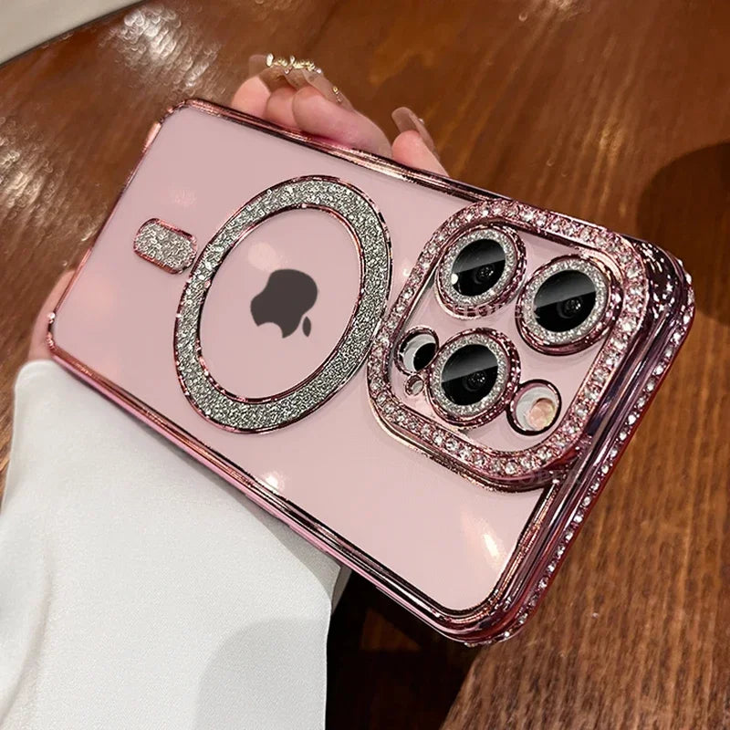 SCCPC1039 Cute Phone Case for iPhone 16, 15, 14, 13, 12, or 11 Pro Max Plus - Diamond Glitter Magnetic Charging Cover