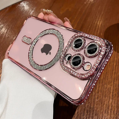 SCCPC1039 Cute Phone Case for iPhone 16, 15, 14, 13, 12, or 11 Pro Max Plus - Diamond Glitter Magnetic Charging Cover