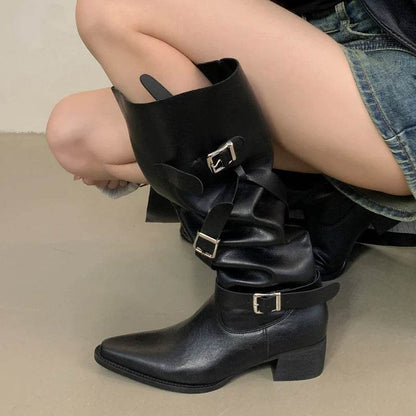 Eilyken Winter Black Punk Round Toe Knee-High Women Boots Square Heels Buckle Strap Ladies Booties Shoes Zapatillas De Mujer - Touchy Style