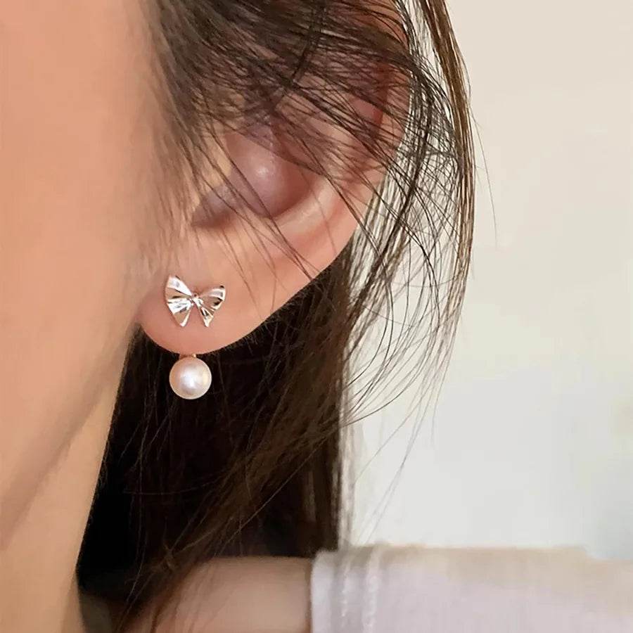 PANJBJ 925 Sterling Silver Bowknot Pearl Earrings For Women Design Sweet Simplicity Jewelry Party Gift Dropshipping - Touchy Style