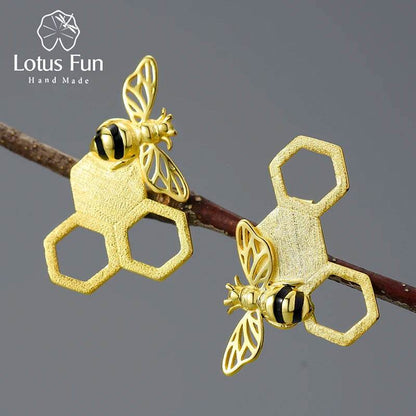 Lotus Fun 18K Gold Unusual Asymmetrical New Honeycomb and Bee Stud Earrings for Women Original Real 925 Sterling Silver Jewelry - Touchy Style