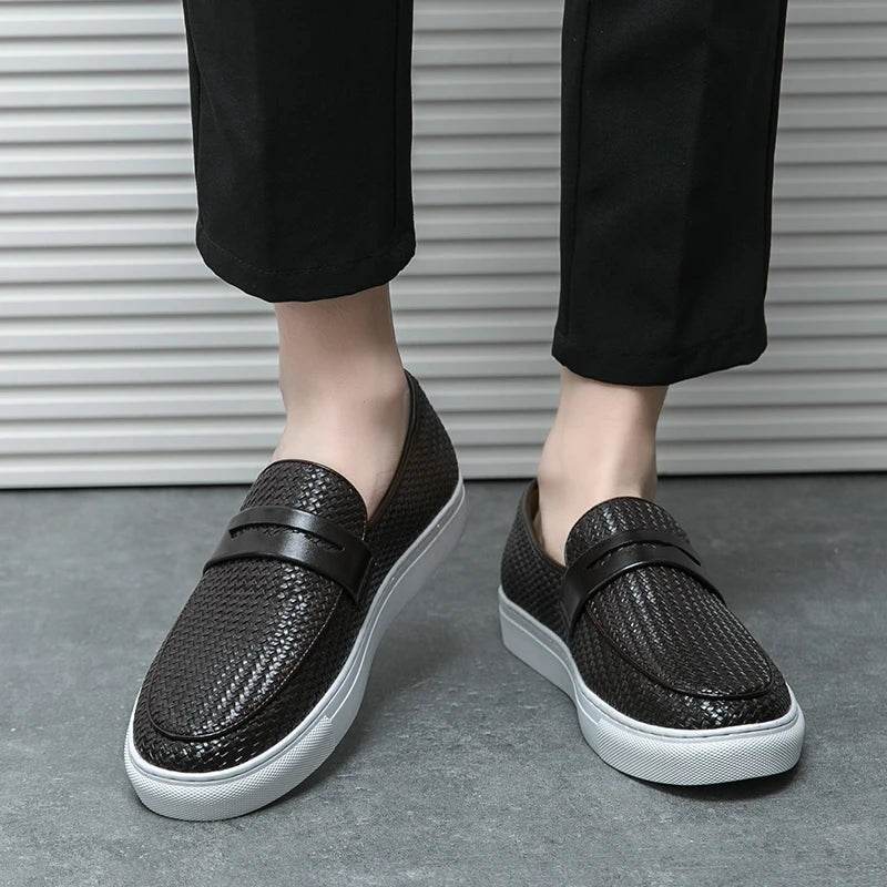 Fashion Slip On Loafers Men Shoes Board Soft Casual Leather Shoes Men Breathable Party Weave Pattern Shoes For Man Flat Free - Touchy Style