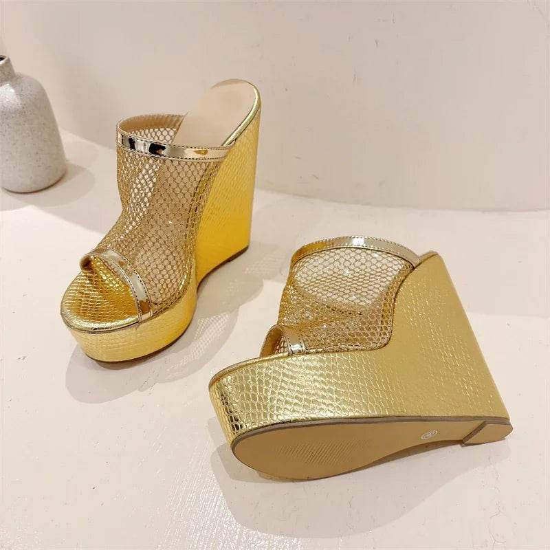 Eilyken Street Style Gold Silver Fashion Open Toe Platform Wedges Women Slippers Design Mesh Fabric Banquet High Heels Shoes - Touchy Style