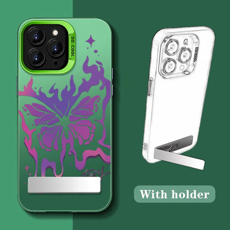 Purple Butterfly Phone Holder Case for iPhone 15 16 14 13 12 11 Pro Max X Xs Max XR 7 8 Plus Mini Luxury Aurora Stand Cover