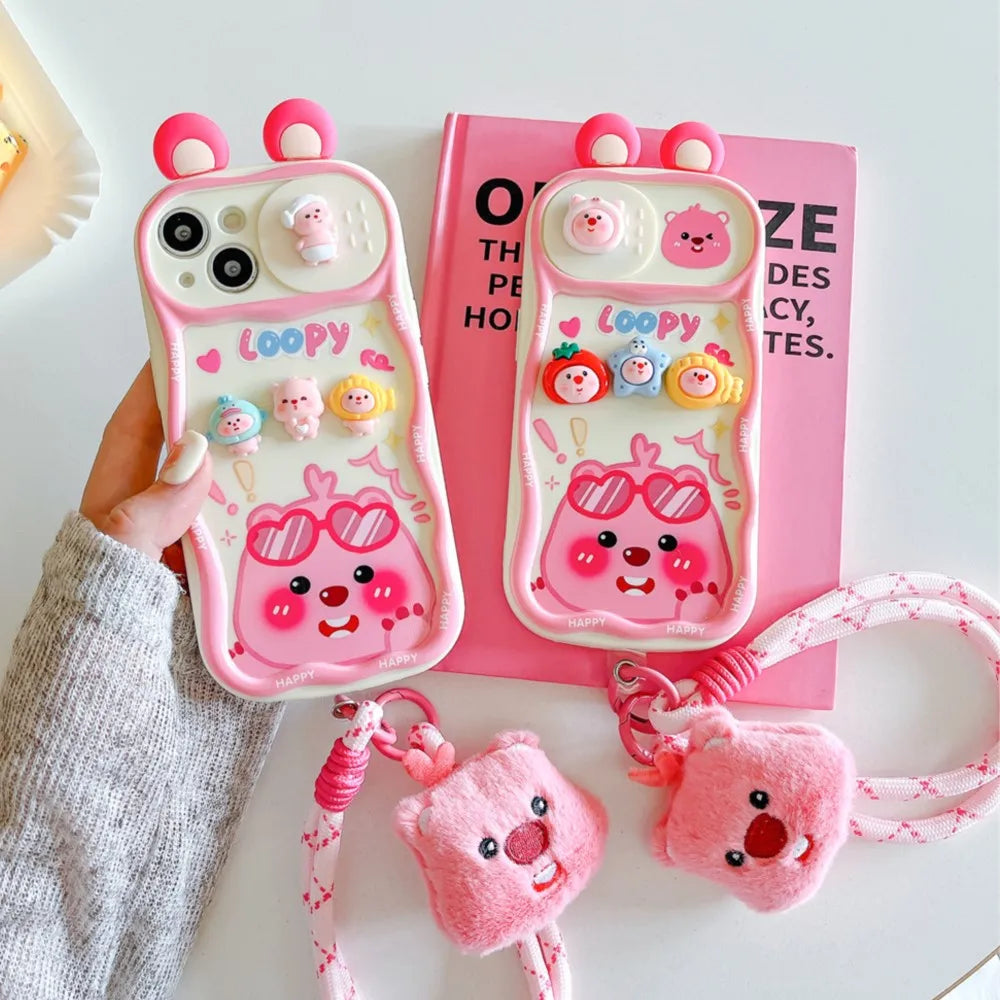 Cute 3D Cartoon Loopy Push-Pull Camera Phone Case for IPhone 16 15 Pro Max 14 Plus 13 12 Pro Max 11 with Strap Soft Back Cover