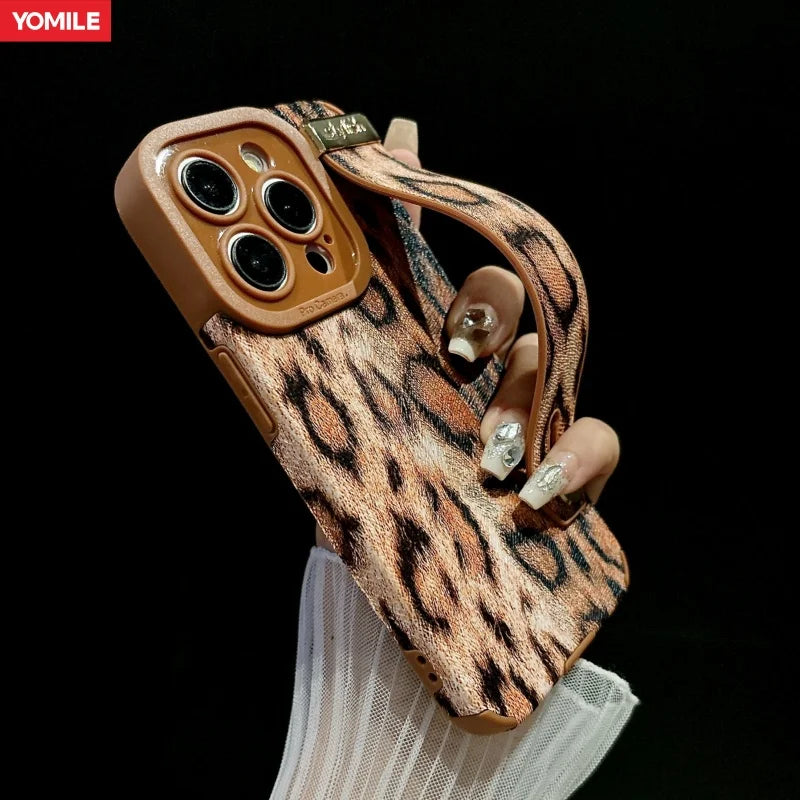 Leopard Print Wrist Strap Holder Leather Pattern Bumper Case For iPhone 16 15 11 12 13 14 Pro MAX Plus Soft Silicone Stand Cover