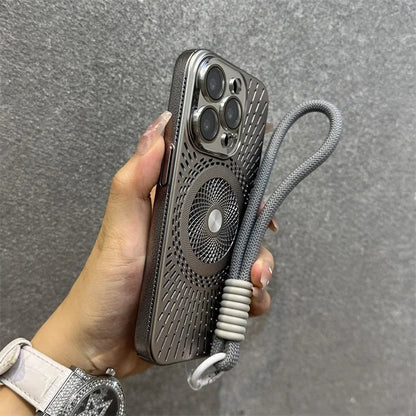 Luxury Wristband Lanyard Magnetic Case for iPhone 16 15 14 13 12 Pro Max 16 Plus Magsafe Hollow Out Heat Dissipation Slim Cover