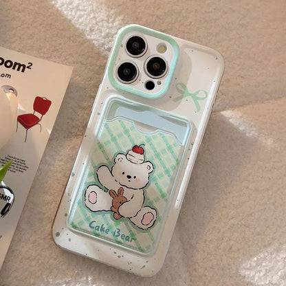 Cute Phone Cases For iPhone 16, 15, 14, 13 Pro Max, Xr, 15, 14, 16 Plus - Cherry Cake Bear Doll - Green plaid Photo Card Holder - IC5320 - Touchy Style