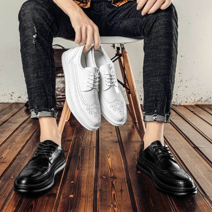 Fashion Derby Leather Men Shoes White Brogue Lace Up Solid Simple Dress Business Casual Party Wedding Flat Shoes For Man - Touchy Style
