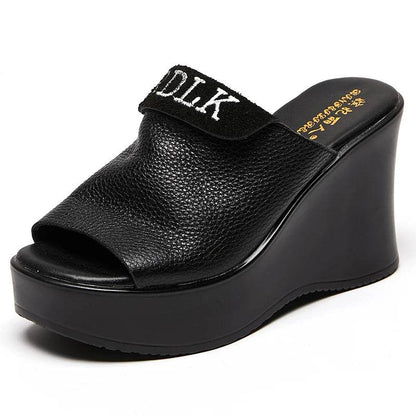 Retro Slippers Genuine Leather Shoes Handmade Slides Woman Slipper Peep Toe Platform Wedge Clogs For Women - Touchy Style