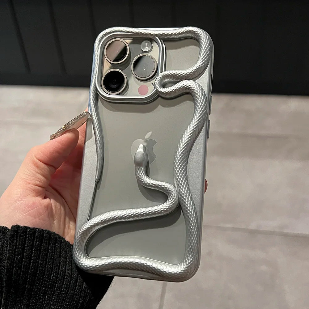 Luxury Plating 3D Snake Hollow Plain Phone Case For iPhone 16 15 14 13 12 11 Pro Max INS Fashion Creativity Shockproof Cover