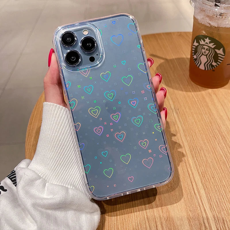 Laser Cute Phone Cases For iPhone 11 13 12 Pro Max X XS XR 7 8 Plus SE 2020 Transparent Heart