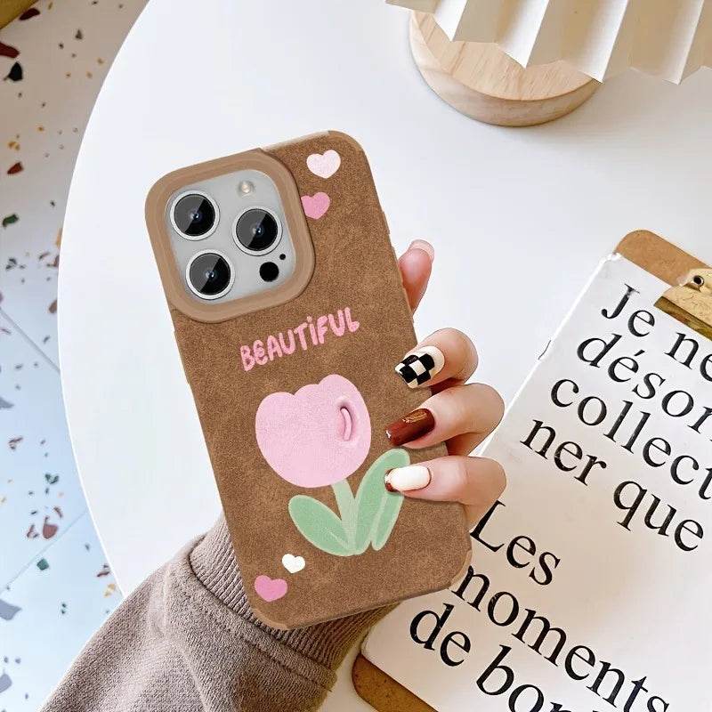 Cute Phone Cases For iPhone 11 12 13 Pro Max 14 15 16 Plus XS X XR 16 - Tulip Flower Pattern - Leather Bumper Cover - Touchy Style