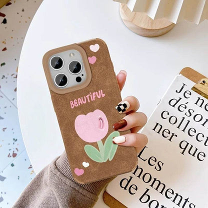 Cute Phone Cases For iPhone 11 12 13 Pro Max 14 15 16 Plus XS X XR 16 - Tulip Flower Pattern - Leather Bumper Cover - Touchy Style
