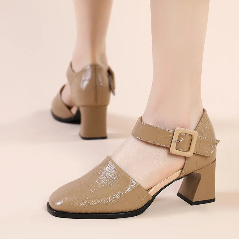 New Fashion Genuine Leather Sandals Woman High Heels Closed Toe Ladies Summer Buckle Strap Platform Shoes Women Sandals