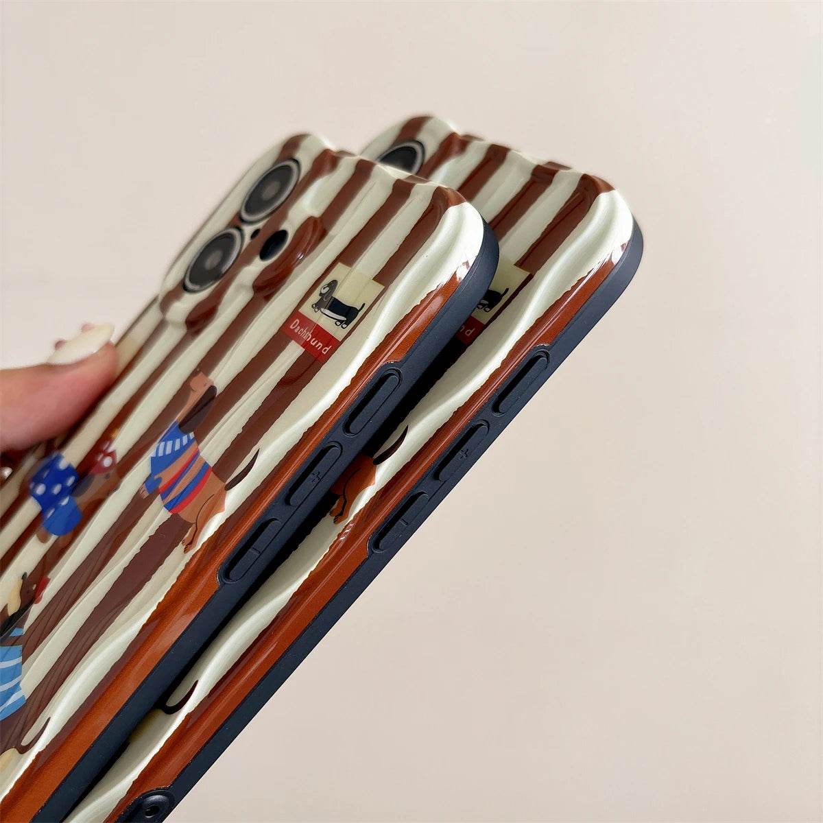 Cute Phone Cases For iPhone 16, 15, 14, 13, 12 Pro Max - Cartoon Dachshund Dog - Stripes 3D Wavy Soft Cover - PC5520 - Touchy Style