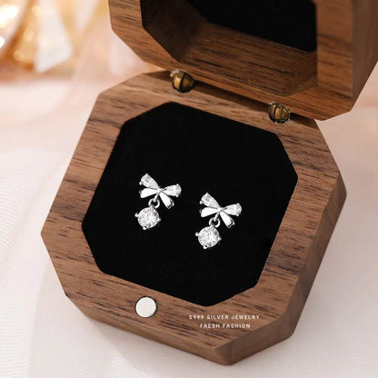 Real 925 Sterling Silver Fashion Romantic Delicate Zircon Bow Stud Earrings For Women Wedding Fine Jewelry - Touchy Style
