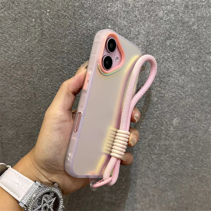 Glitter Laser Matte Wrist Strap Case For iPhone 16 15 14 13 12 11 Pro Max 8 7 Plus XR XS X SE Colorful Lanyard Shockproof Cover