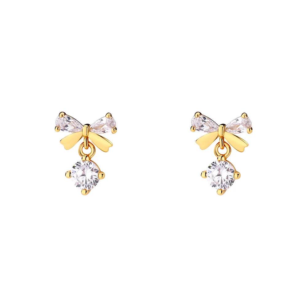 Real 925 Sterling Silver Fashion Romantic Delicate Zircon Bow Stud Earrings For Women Wedding Fine Jewelry - Touchy Style