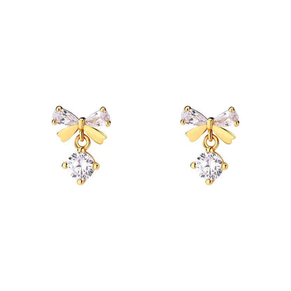 Real 925 Sterling Silver Fashion Romantic Delicate Zircon Bow Stud Earrings For Women Wedding Fine Jewelry - Touchy Style