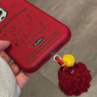 Cute Phone Cases For iPhone 16, 15, 14, 13 Pro Max - Red Leather Cover - Dog Pattern with Fluffy Dangle - PC616 - Touchy Style