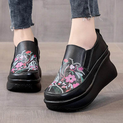 Spring Ethnic Style Women Genuine Leather Shoes Slip-On Wedges Heels Shoes Thick Sole Casual Ladies Platform Shoes - Touchy Style