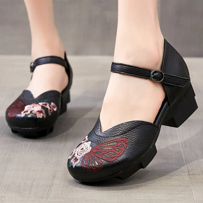 High Heels Sandals Women Shoes 2024 New Spring Genuine Leather Buckle Strap Retro Round Toe Casual Platform Ladies Shoes
