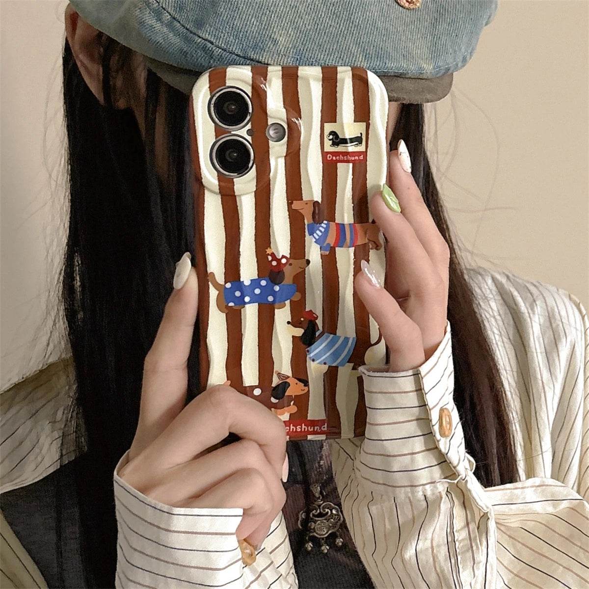 Cute Phone Cases For iPhone 16, 15, 14, 13, 12 Pro Max - Cartoon Dachshund Dog - Stripes 3D Wavy Soft Cover - PC5520 - Touchy Style