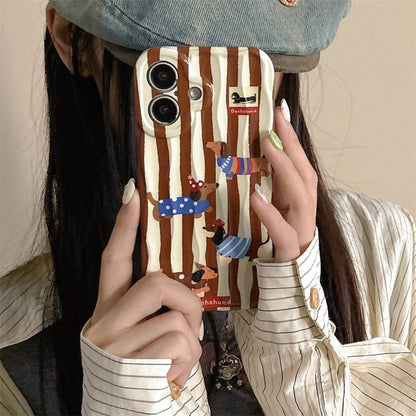 Cute Phone Cases For iPhone 16, 15, 14, 13, 12 Pro Max - Cartoon Dachshund Dog - Stripes 3D Wavy Soft Cover - PC5520 - Touchy Style