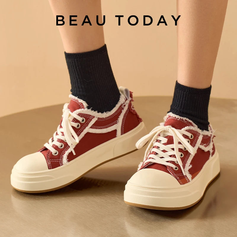 BEAUTODAY Casual Canvas Women Solid Color Sneakers Vintage Raw Edge Spring Outdoors Lace-up Ladies Barefoot Shoes Handmade 29250
