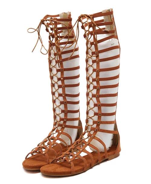 Designer Women Sandals Strappy Open toe Knee High Summer Gladiator Flat Sandals Roman Bandage Casual Boots Shoes - Touchy Style