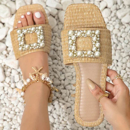 Summer Women Slippers Fashion String Bead Square Toe Flat Heels Casual Outdoor Beach Shoes Ladies Sandals - Touchy Style
