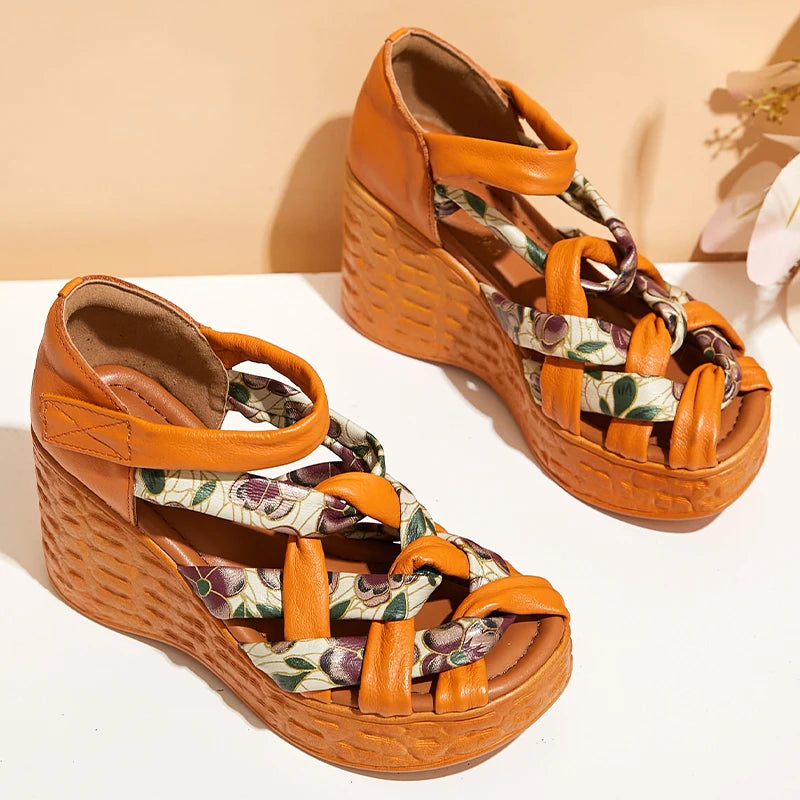 Retro Sandals Summer New Hook &amp; Loop Bohemian Genuine Leather Comfortable Thick Bottom Women&