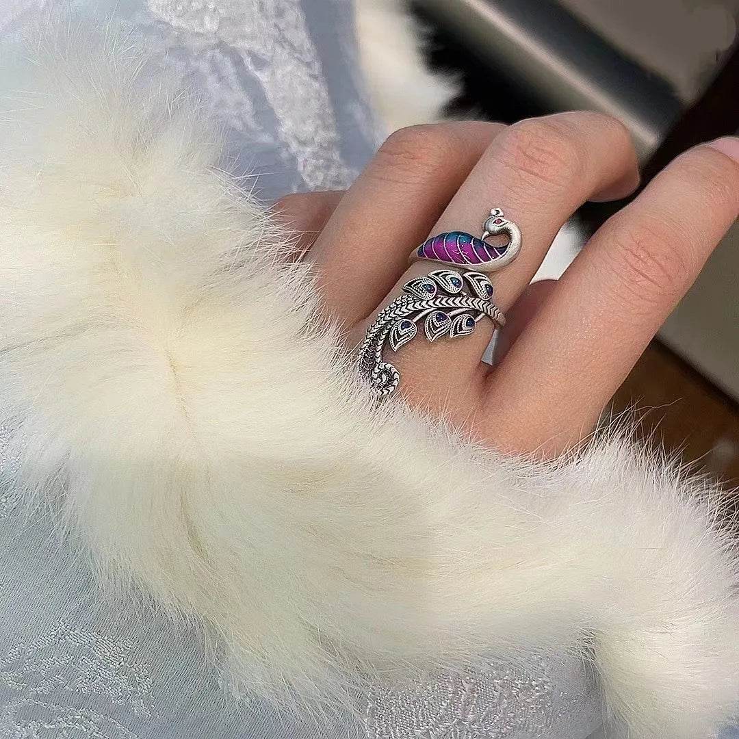 PANJBJ 925 Sterling Silver Animal Rings For Women Peacock Multicolour Feather Irregular Drip Glaze Jewelry Gift Dropshipping - Touchy Style