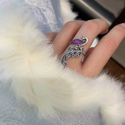 PANJBJ 925 Sterling Silver Animal Rings For Women Peacock Multicolour Feather Irregular Drip Glaze Jewelry Gift Dropshipping - Touchy Style