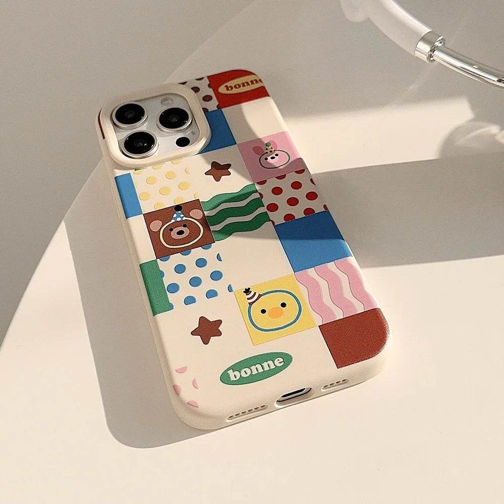 Cute Phone Cases For iPhone 16, 15, 14, 13, 12, 11 Pro Max, 16 Plus - Chocolate Bear, Pink Bunny Stripes, Dots Art - IC1440 - Touchy Style