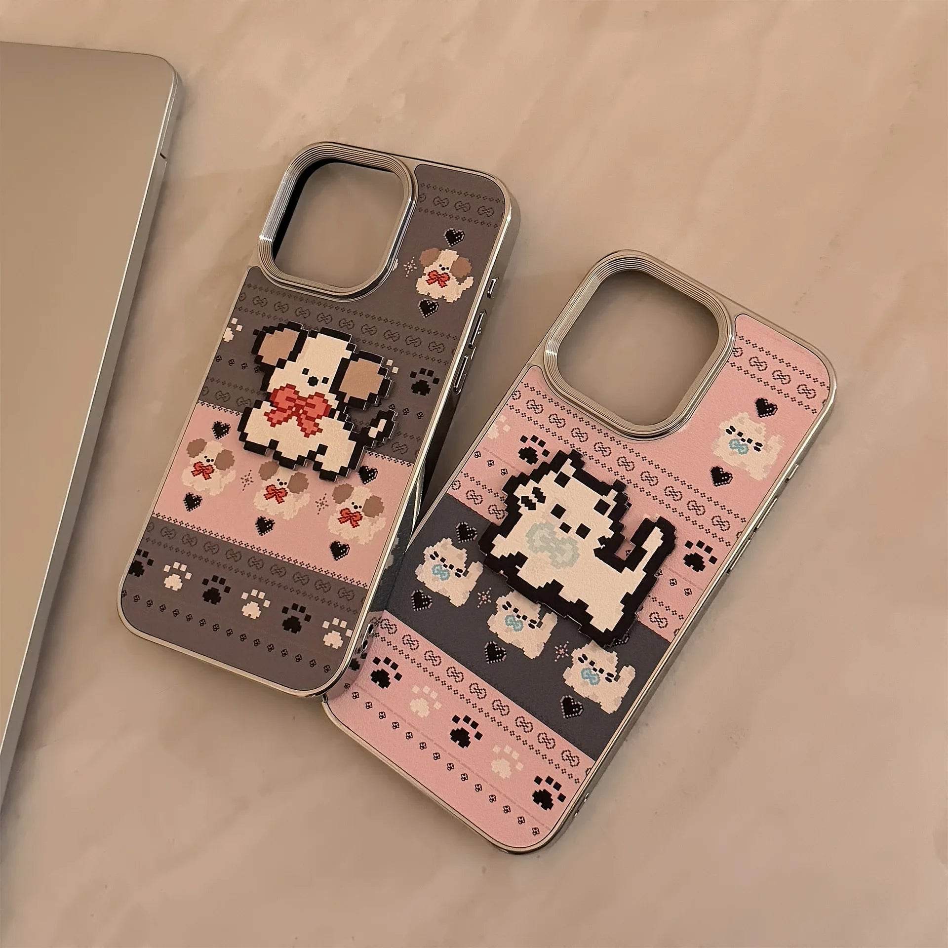 Cute Phone Cases For iPhone 16, 15, 14, 13, 12, 11 Pro Max - Pet Cat, Puppy Pixel Stick Plating Art - IC4050 - Touchy Style