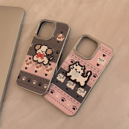Cute Phone Cases For iPhone 16, 15, 14, 13, 12, 11 Pro Max - Pet Cat, Puppy Pixel Stick Plating Art - IC4050 - Touchy Style