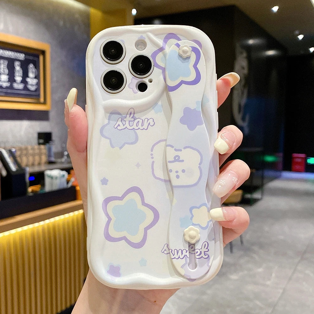 Wrist Strap Case For iPhone 16 15 14 13 12 11 Pro Max X Xs Max XR 16E 7 8 Plus Cream Rabbit Star Wrist Strap Phone Holder Cover
