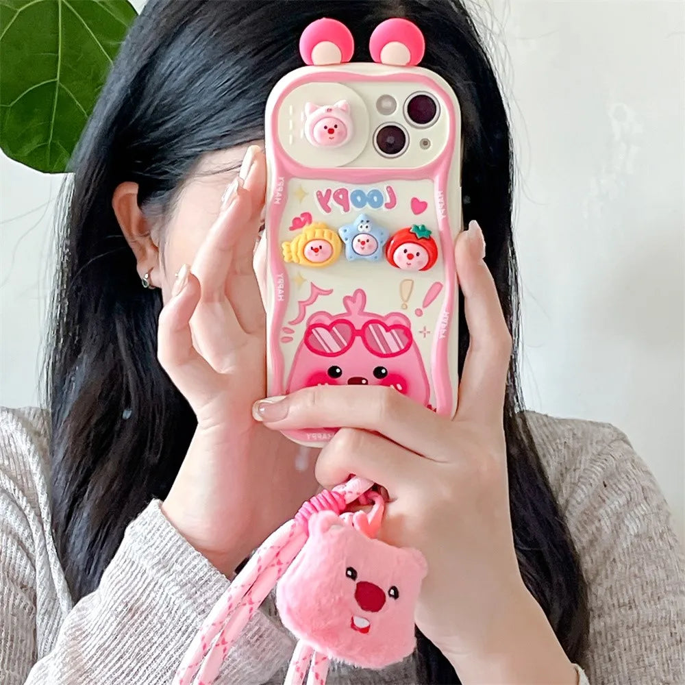 Cute 3D Cartoon Loopy Push-Pull Camera Phone Case for IPhone 16 15 Pro Max 14 Plus 13 12 Pro Max 11 with Strap Soft Back Cover