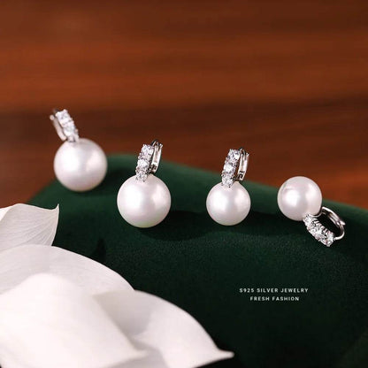 925 Sterling Silver Inlay Zircon Shell Pearl Earrings for Women French Light Luxury Temperament Elegant Jewelry - Touchy Style