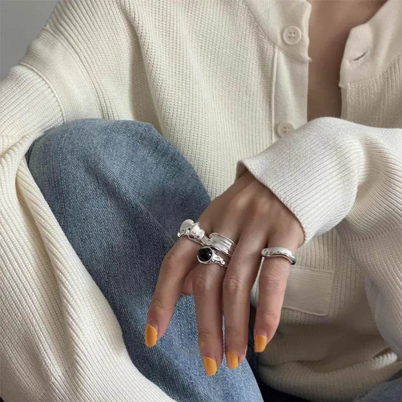 PANJBJ 925 Sterling Silver Black Agate Rings For Women Wide Irregular Geometry Versatile Texture Jewelry Party Gift Dropshipping - Touchy Style