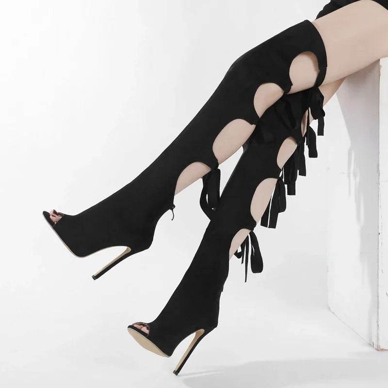 Street Style Thin High Heels Women Knee-High Boots Designer Hollow Out Zipper Shoes Party Prom Zapatos De Muje - Touchy Style