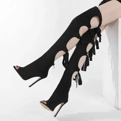 Street Style Thin High Heels Women Knee-High Boots Designer Hollow Out Zipper Shoes Party Prom Zapatos De Muje - Touchy Style