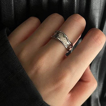 PANJBJ 925 Sterling Silver Zircon Ring For Women Irregular Liquid Lava Design Punk Versatile Adjustable Jewelry Gift Dropship - Touchy Style