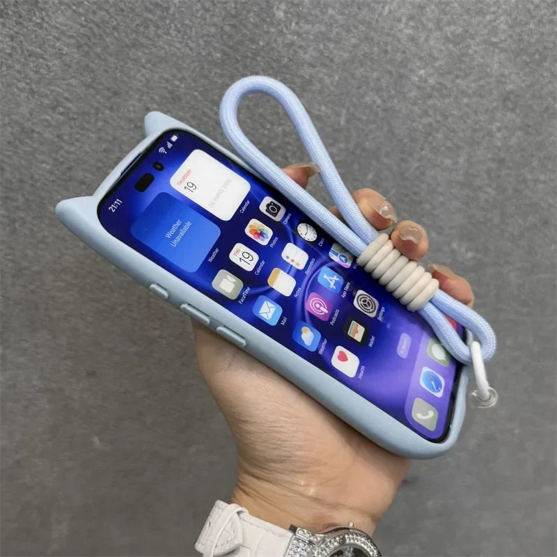 3D Cute Cat Ear Magsafe Case for iPhone 13 14 15 16 Pro Max 11 12 15 16 Plus Transparent PC Armor Cover with Wrist Strap Chain