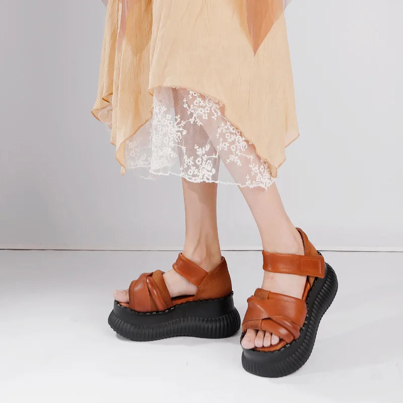 Summer New Thick Sole Peep Toe Platform Sandals Genuine Leather Vintage Comfortable Women&