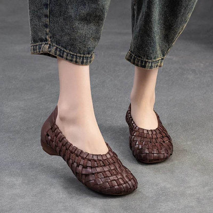 Autumn New Vintage Versatile Genuine Leather Woven Flat Shoes Handmade Round Toe Handmade Soft Sole Slip-on Shoes - Touchy Style