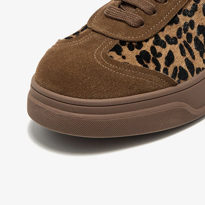BEAUTODAY Fashion Leopard Sneakers Women Cow Suede Lace-up Round Toe Patchwork Ladies Shoes Handmade 29895
