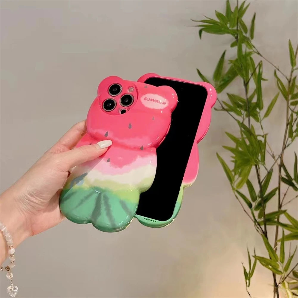 Korean cartoon 3D cute watermelon bear silicone phone case for iPhone 14 Pro Max 11 12 13 Xs Xr Xm Funny creative cartoon coverF